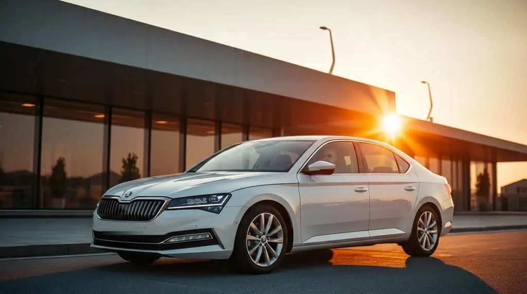 Škoda Superb taxi vozilo ispred terminala u zalasku sunca
