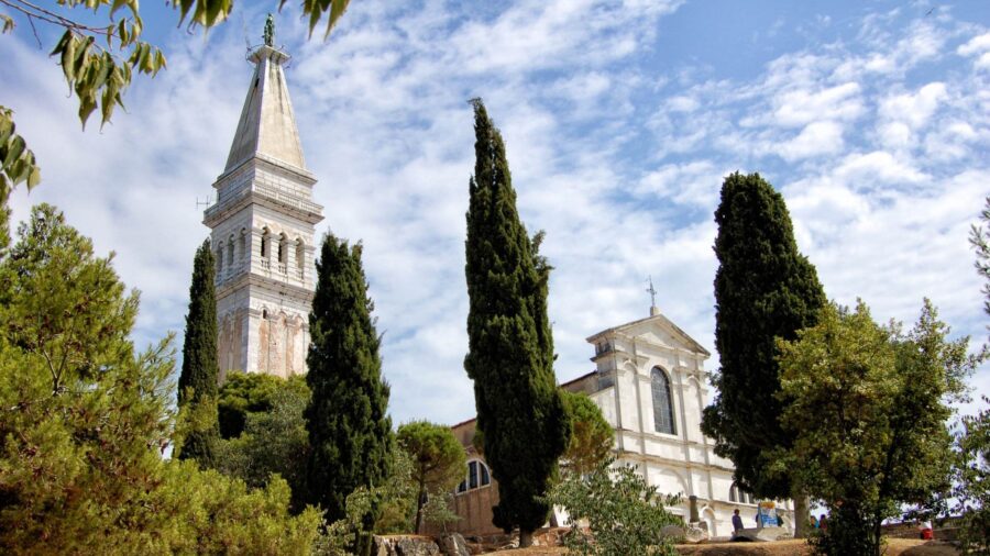 Rovinj, view of the old town and the bell tower of the Church of St Euphemia